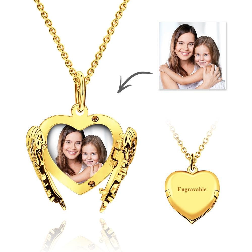 Cutsom Angel Wings Heart Locket Necklacewith Engraving