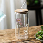 Personalized Name Can Glass with Colorful Birth Flower Custom Can Glass with Straw Gift for Mother Friends Family Bridesmaid