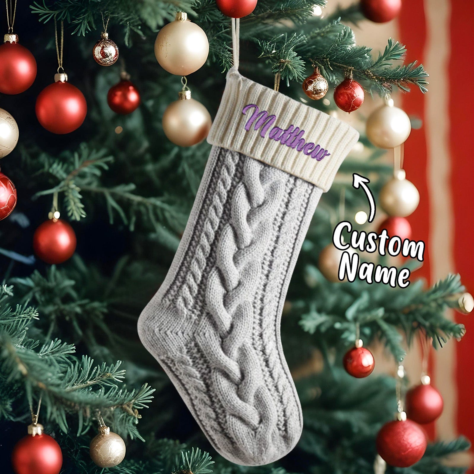 Personalized Knitted Christmas Stocking Ornament with Custom Name – Holiday Hanging Decor