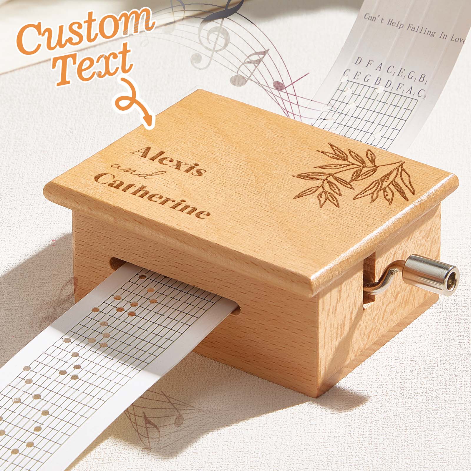 Caja de música de tiras de papel con texto personalizado, manivela, movimiento de 15 notas y 2 melodías preimpresas (15 segundos cada una)