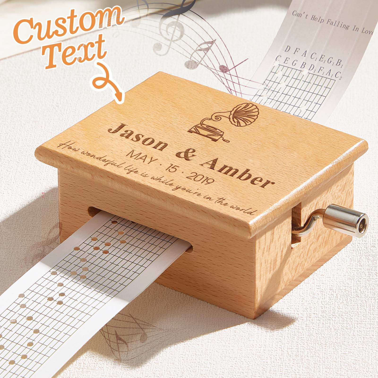 Caja de música de tiras de papel con texto personalizado, manivela, movimiento de 15 notas y 2 melodías preimpresas (15 segundos cada una)