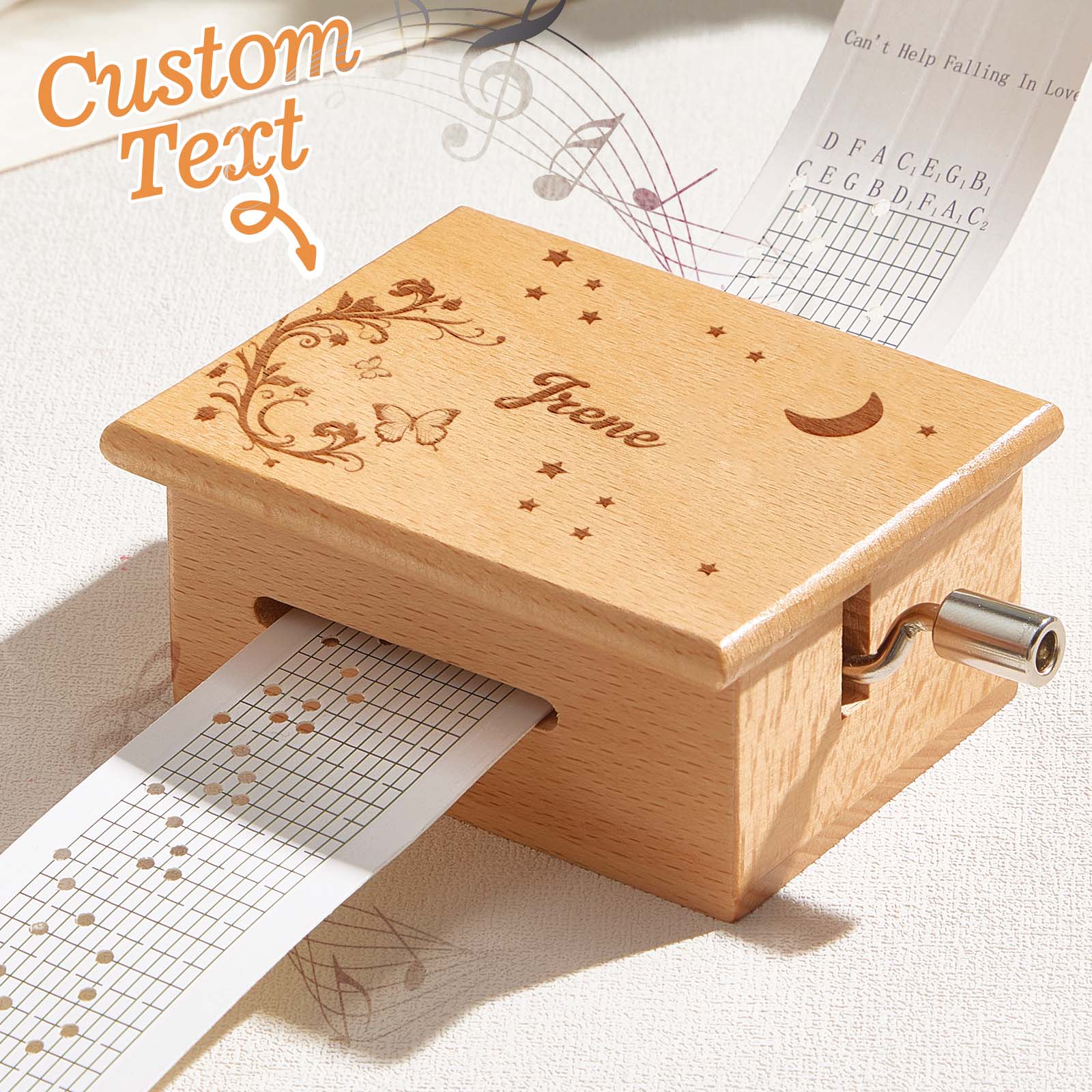 Caja de música de tiras de papel con texto personalizado, manivela, movimiento de 15 notas y 2 melodías preimpresas (15 segundos cada una)