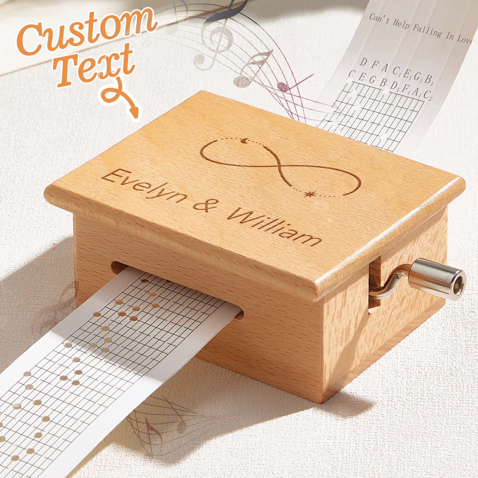 Caja de música de tiras de papel con texto personalizado, manivela, movimiento de 15 notas y 2 melodías preimpresas (15 segundos cada una)