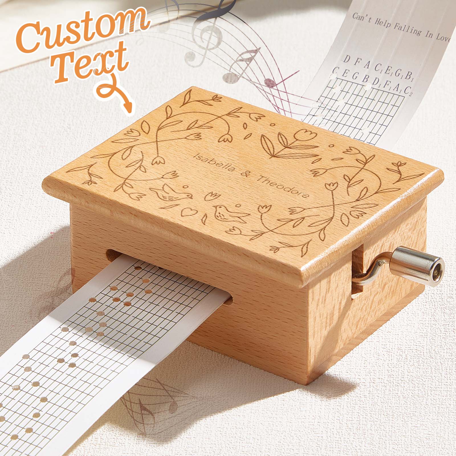 Caja de música de tiras de papel con texto personalizado, manivela, movimiento de 15 notas y 2 melodías preimpresas (15 segundos cada una)