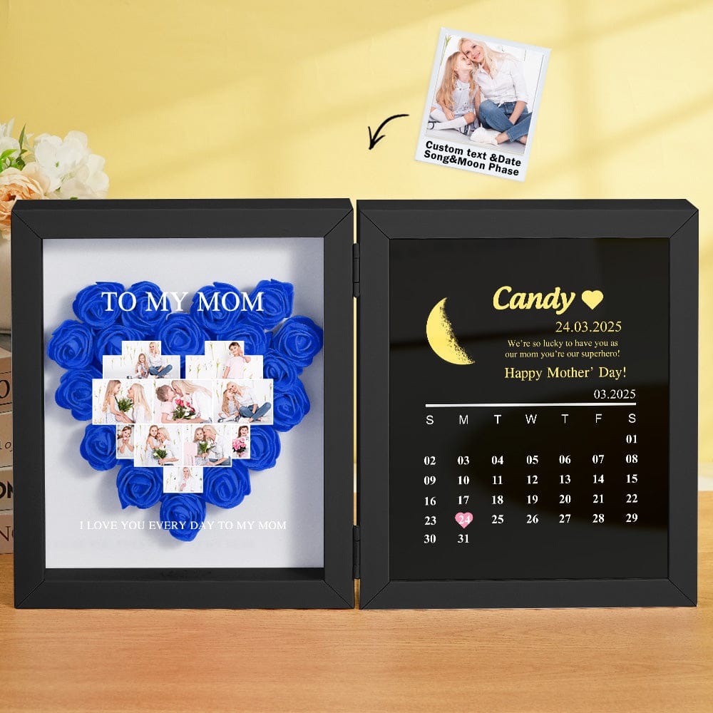 Personalized Flower Shadow Box with Moon Phase Calendar Hearts Flower Box Mother's Day Gift for Mom