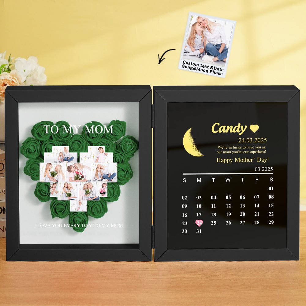 Personalized Flower Shadow Box with Moon Phase Calendar Hearts Flower Box Mother's Day Gift for Mom
