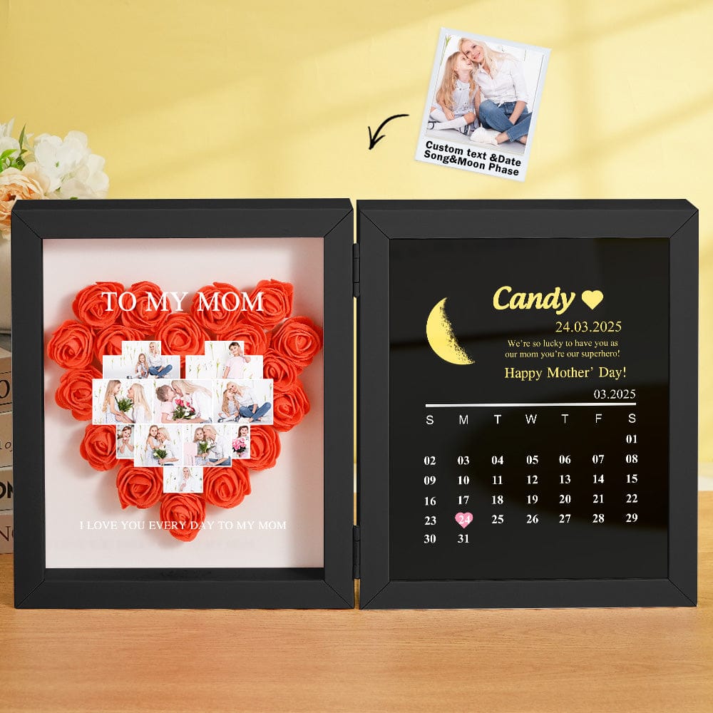 Personalized Flower Shadow Box with Moon Phase Calendar Hearts Flower Box Mother's Day Gift for Mom