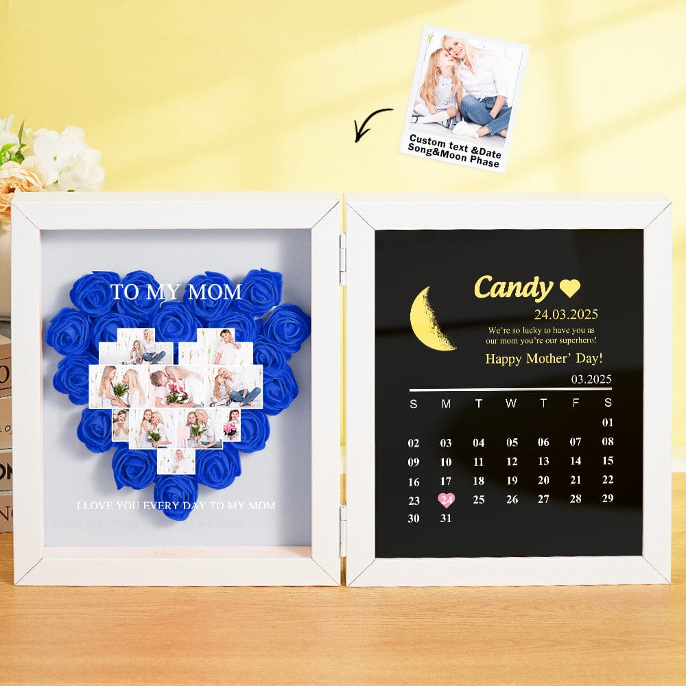 Personalized Flower Shadow Box with Moon Phase Calendar Hearts Flower Box Mother's Day Gift for Mom