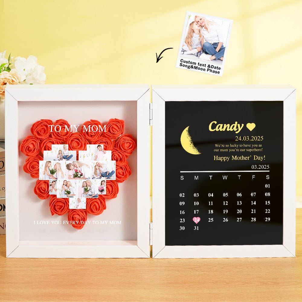 Personalized Flower Shadow Box with Moon Phase Calendar Hearts Flower Box Mother's Day Gift for Mom