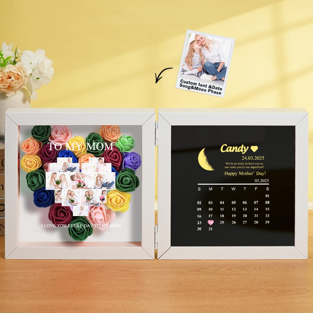 Personalized Flower Shadow Box with Moon Phase Calendar Hearts Flower Box Mother's Day Gift for Mom