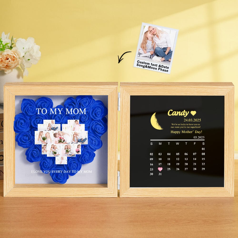 Personalized Flower Shadow Box with Moon Phase Calendar Hearts Flower Box Mother's Day Gift for Mom
