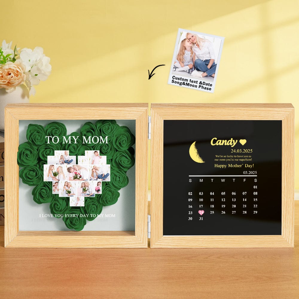 Personalized Flower Shadow Box with Moon Phase Calendar Hearts Flower Box Mother's Day Gift for Mom