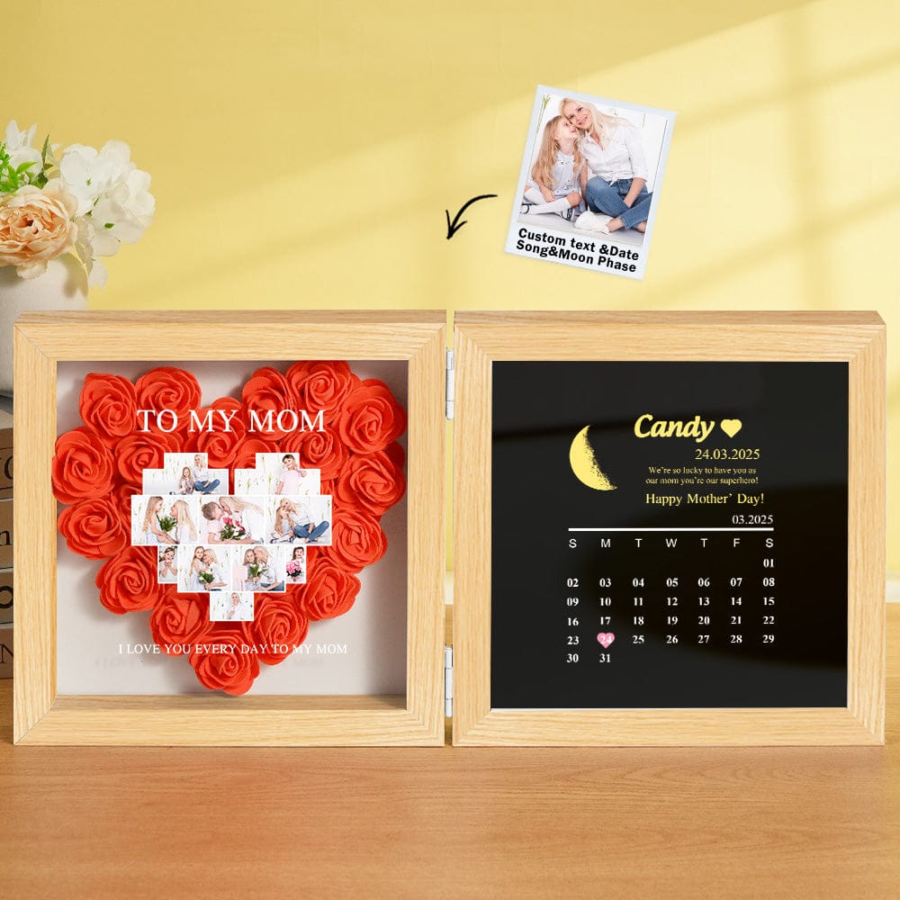 Personalized Flower Shadow Box with Moon Phase Calendar Hearts Flower Box Mother's Day Gift for Mom