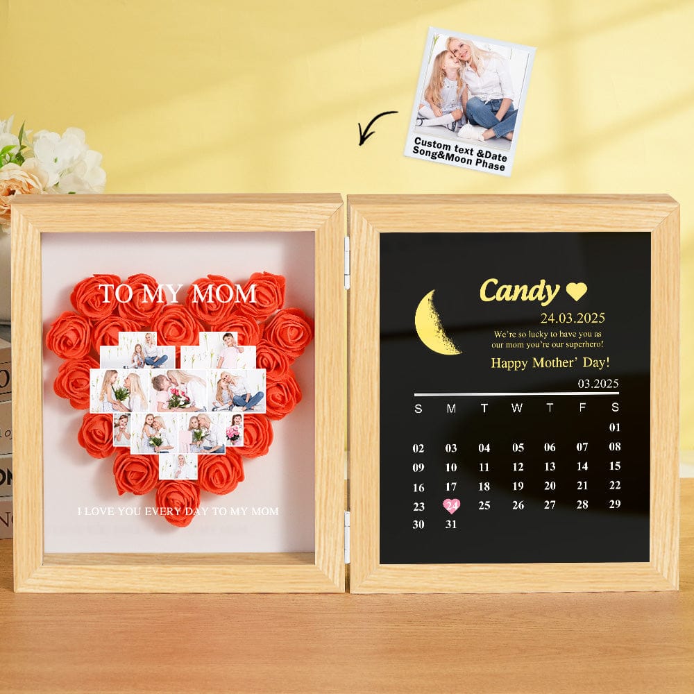 Personalized Flower Shadow Box with Moon Phase Calendar Hearts Flower Box Mother's Day Gift for Mom