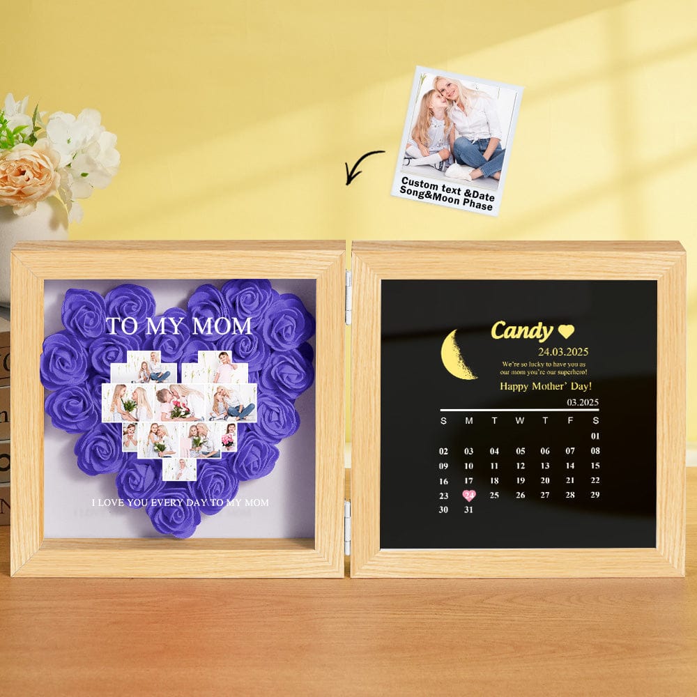 Personalized Flower Shadow Box with Moon Phase Calendar Hearts Flower Box Mother's Day Gift for Mom
