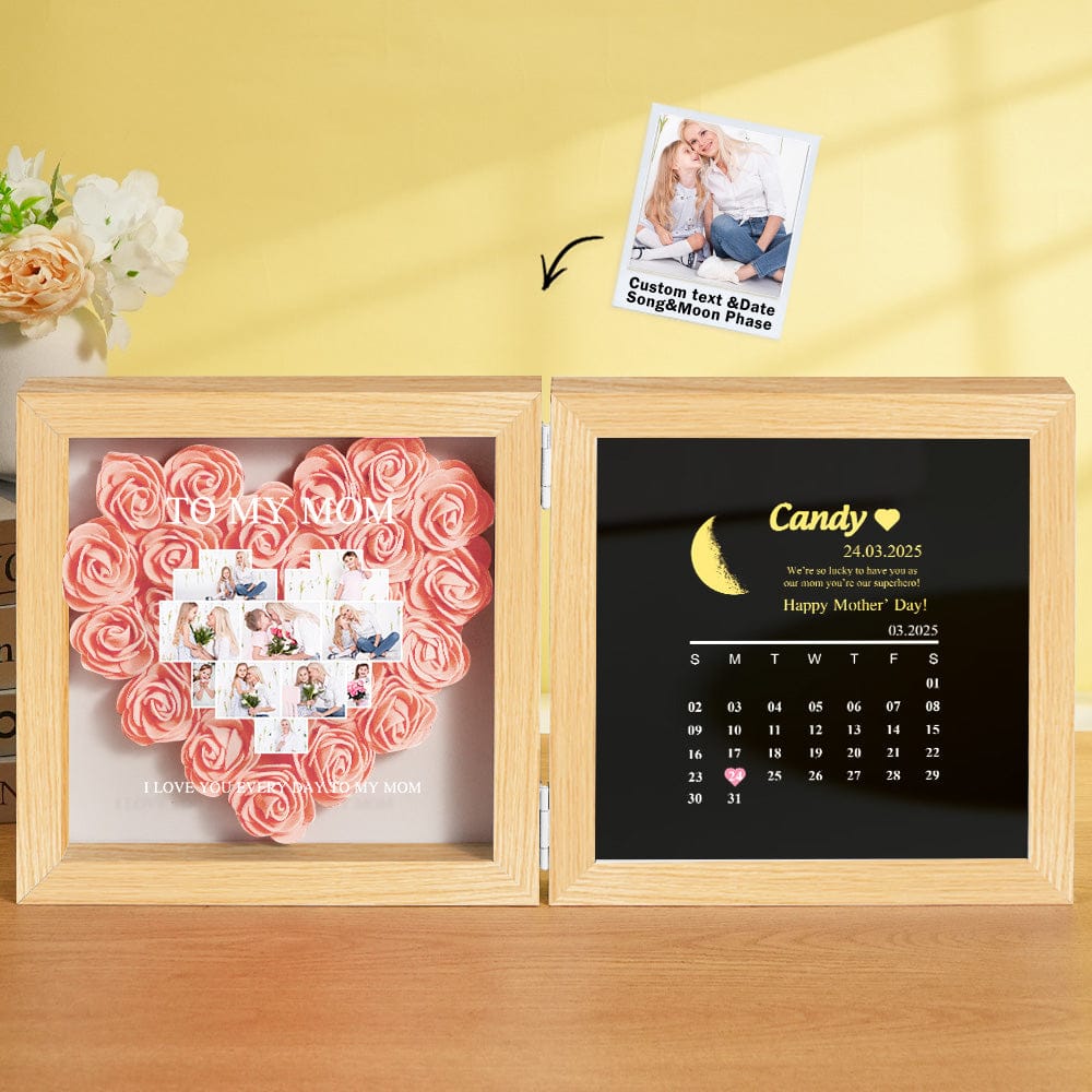 Personalized Flower Shadow Box with Moon Phase Calendar Hearts Flower Box Mother's Day Gift for Mom