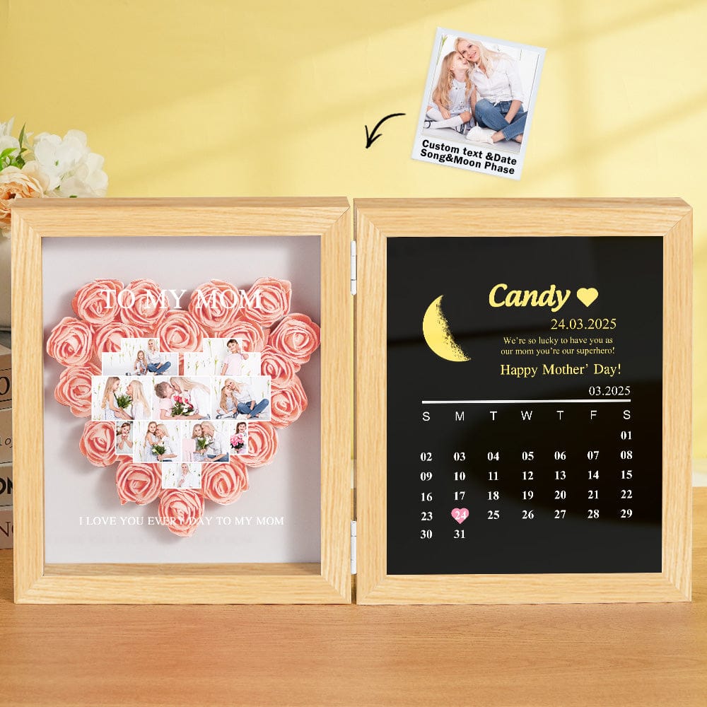 Personalized Flower Shadow Box with Moon Phase Calendar Hearts Flower Box Mother's Day Gift for Mom