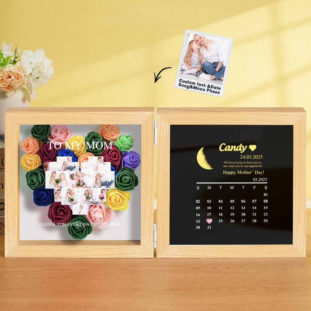 Personalized Flower Shadow Box with Moon Phase Calendar Hearts Flower Box Mother's Day Gift for Mom