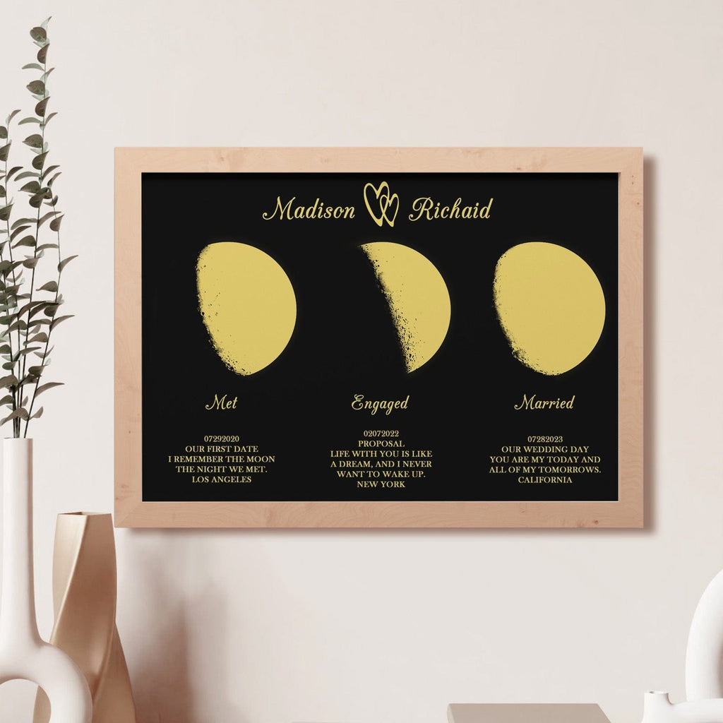 Custom Moon Phase Wooden Frame Three Moon Phase with Personalized Name and Text