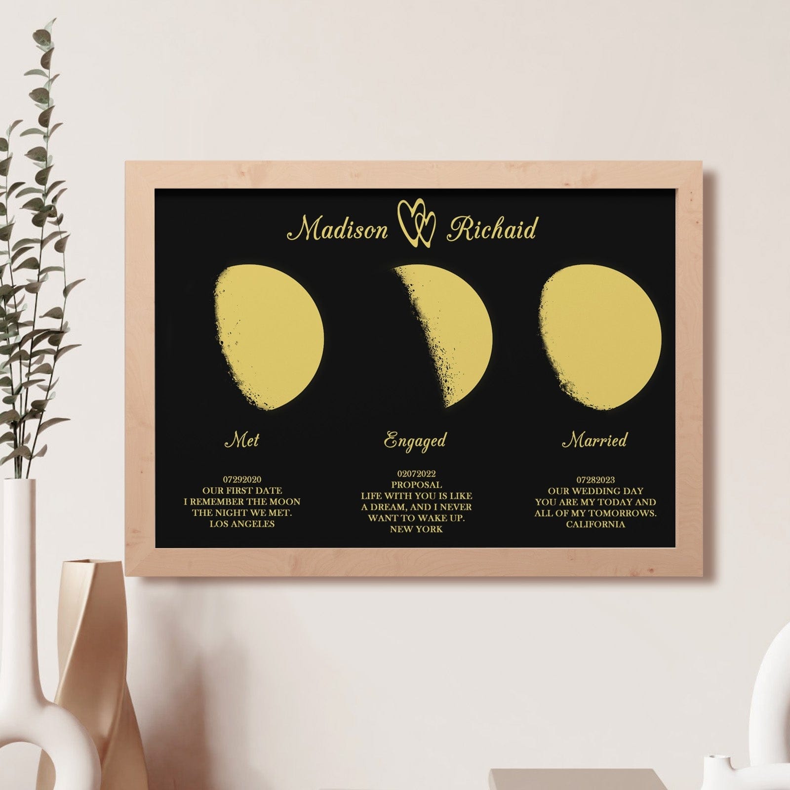 Custom Moon Phase Wooden Frame Three Moon Phase with Personalized Name and Text