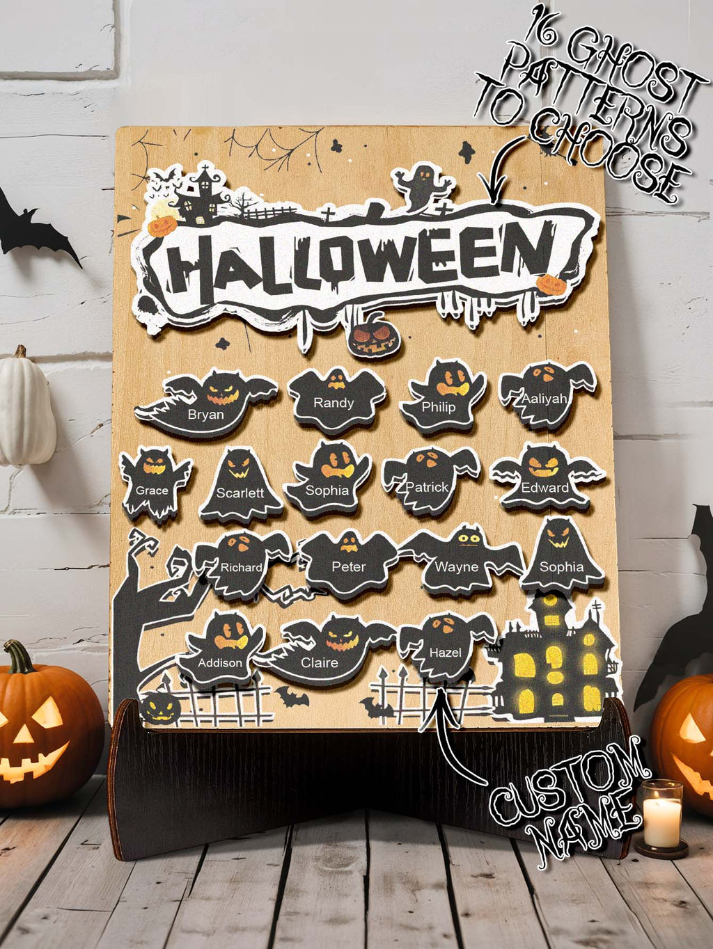 Personalized Hallowmas Wooden Ornament with Name Ghost Plaque for Halloween Gift