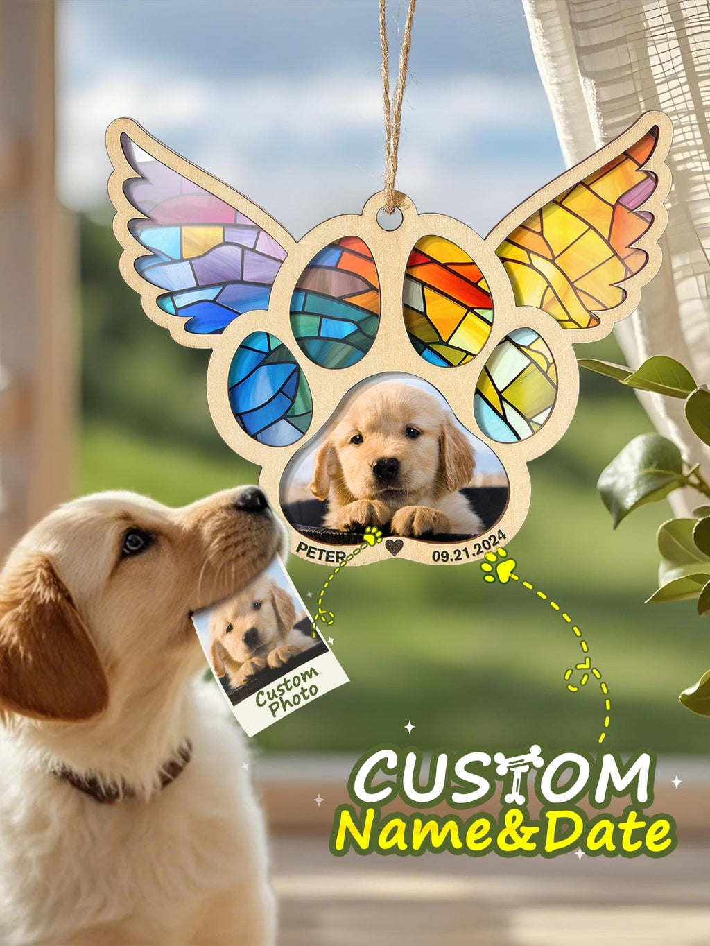 personalized photo loss of dog gift suncatcher ornament window hanging keepsake close detail twenty nine