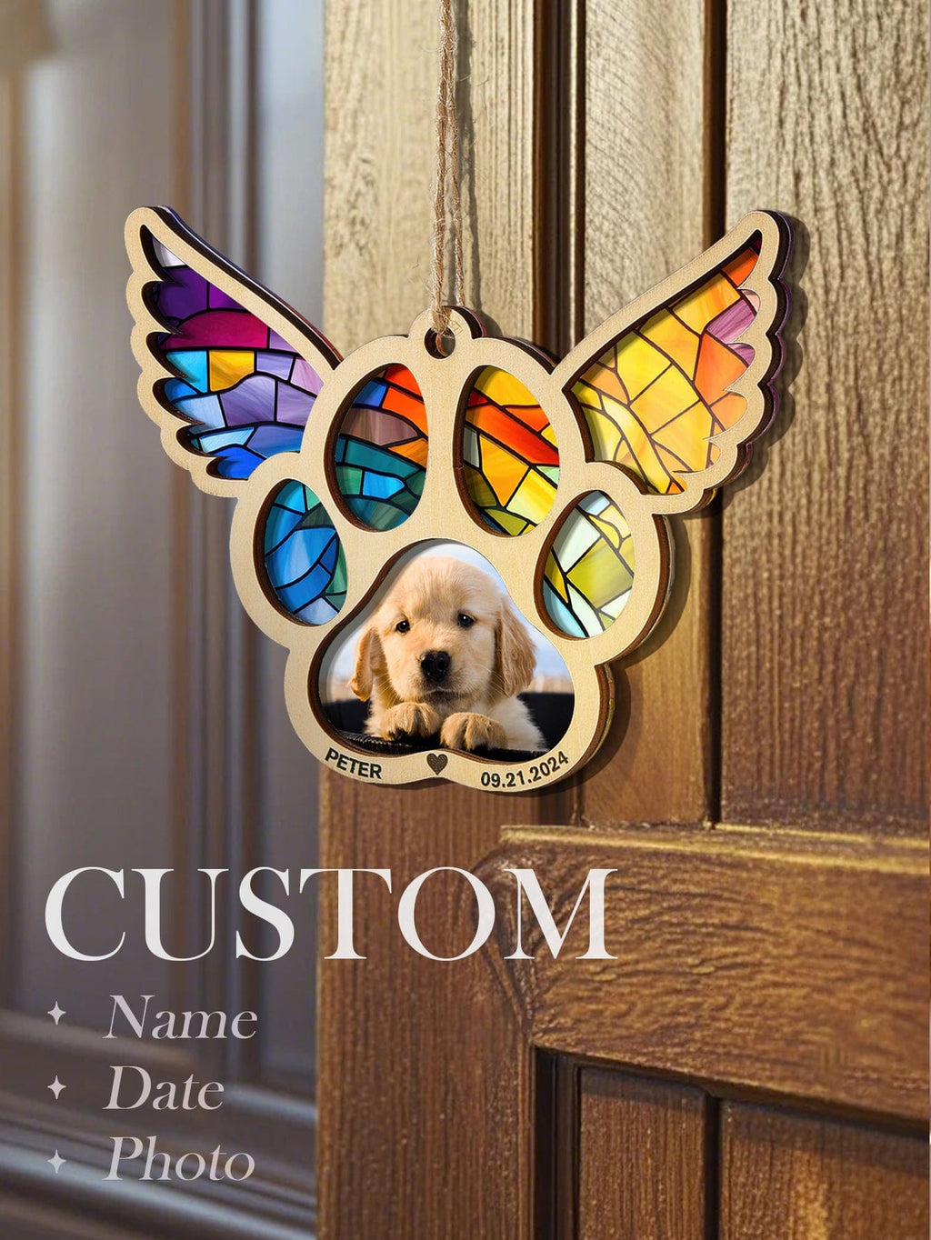 loss of dog gift suncatcher ornament personalized photo window hanging keepsake detail view