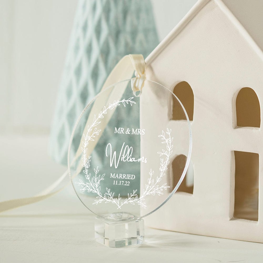 custom clear acrylic wedding ornament names date engaged ornament detail view