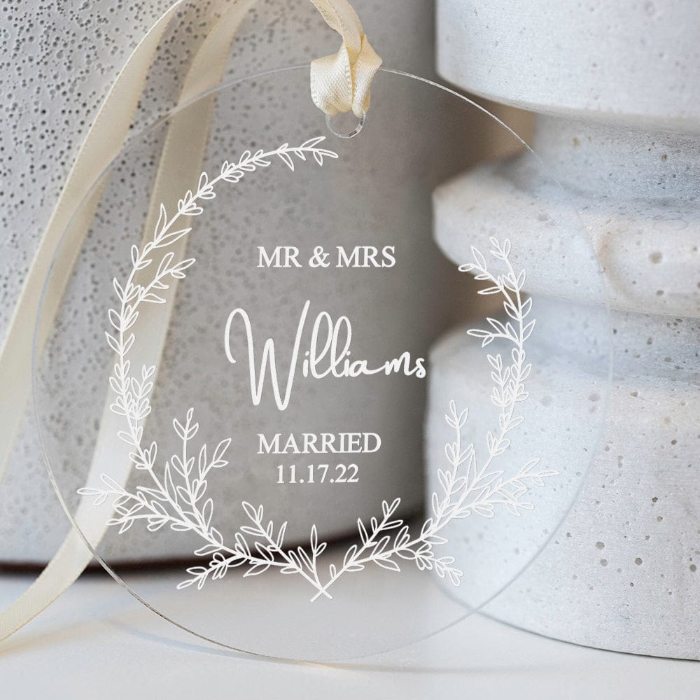 personalized clear acrylic wedding ornament names date engaged ornament display