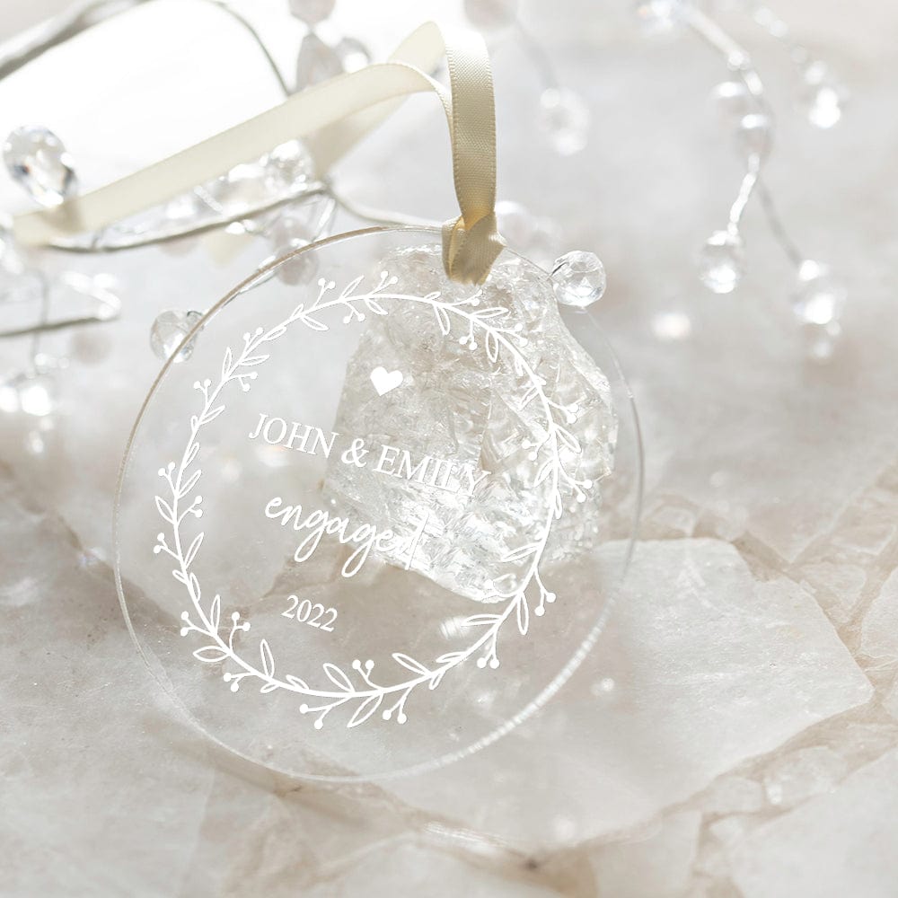 personalized clear acrylic wedding ornament names date engaged ornament display