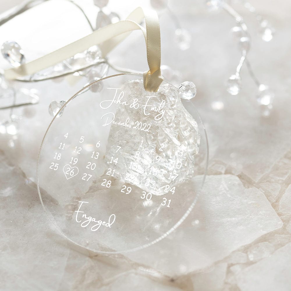 quality clear acrylic wedding ornament names date engaged ornament front view