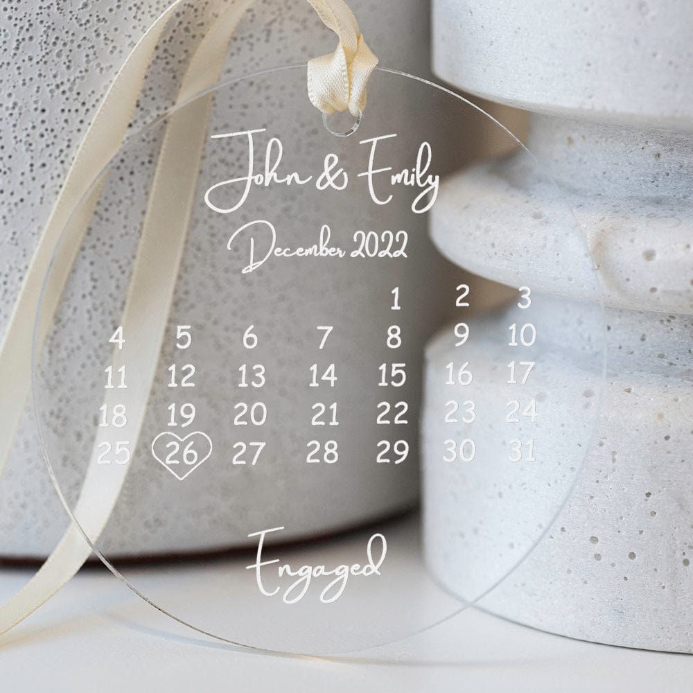 custom clear acrylic wedding ornament names date engaged ornament detail view