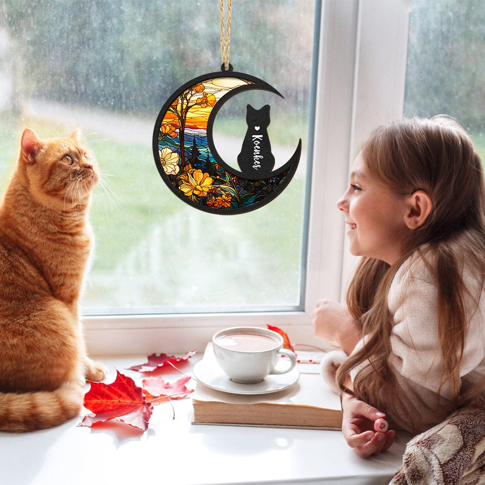 cat memorial suncatcher personalized cat tribute stained glass ornament detail