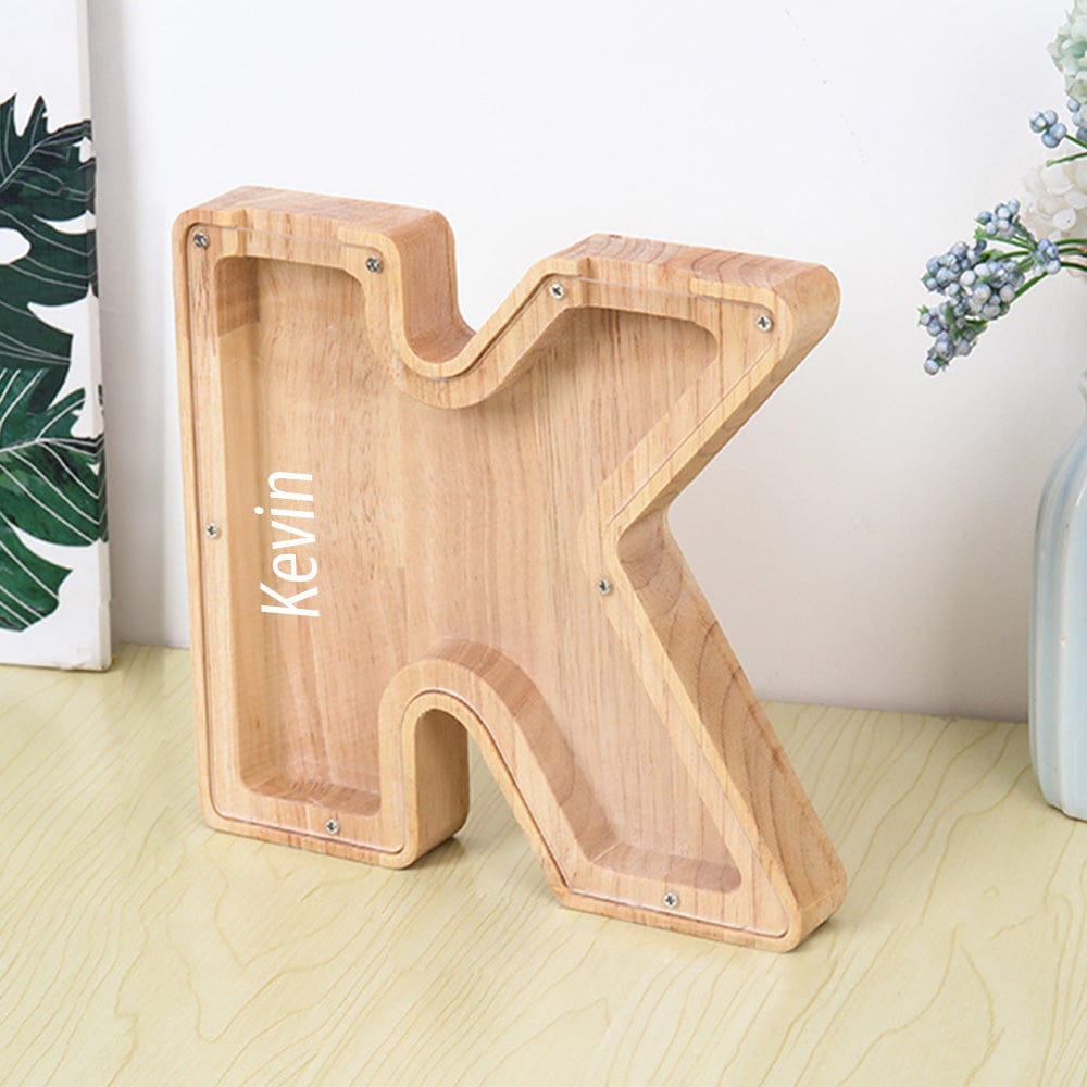 Custom Name Letter Piggy Bank Wooden Engraved Money Box Kids Christmas Gifts