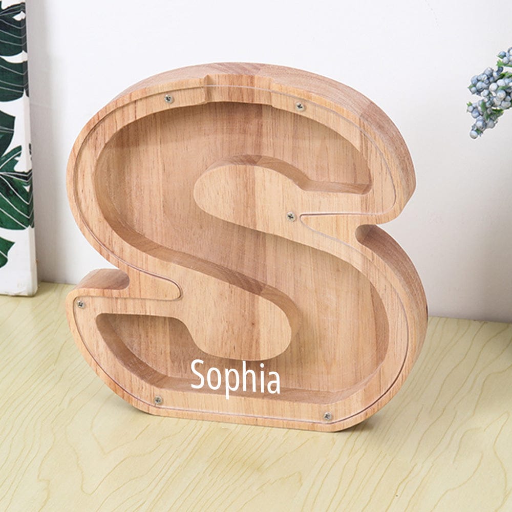 Custom Name Letter Piggy Bank Wooden Engraved Money Box Kids Christmas Gifts