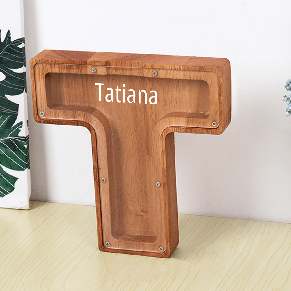 Custom Name Letter Piggy Bank Wooden Engraved Money Box Kids Christmas Gifts