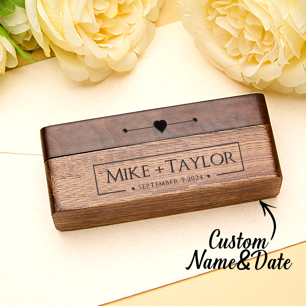 Personalized Engraved Wood Rings Bearer Box with Name and Date Wedding Proposal Gift for Couple