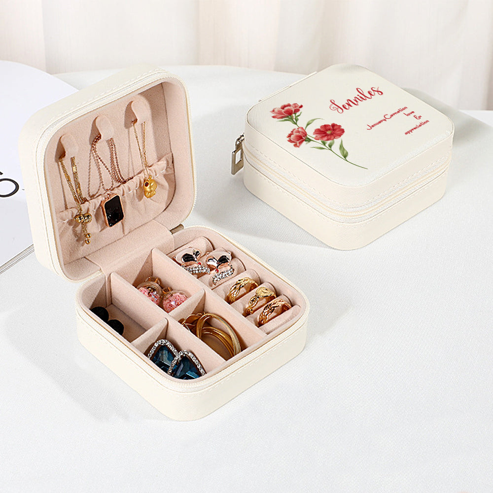 Personalized Birth Flower PU Leather Jewelry Box Bridesmaid Gift for Her