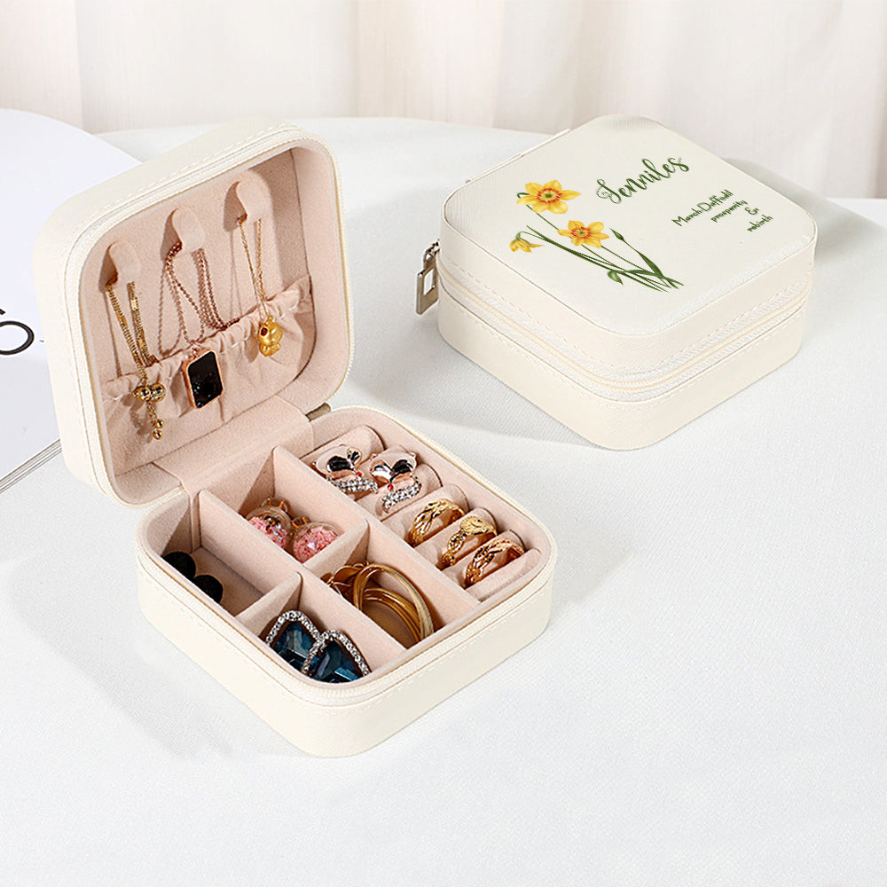 Personalized Birth Flower PU Leather Jewelry Box Bridesmaid Gift for Her