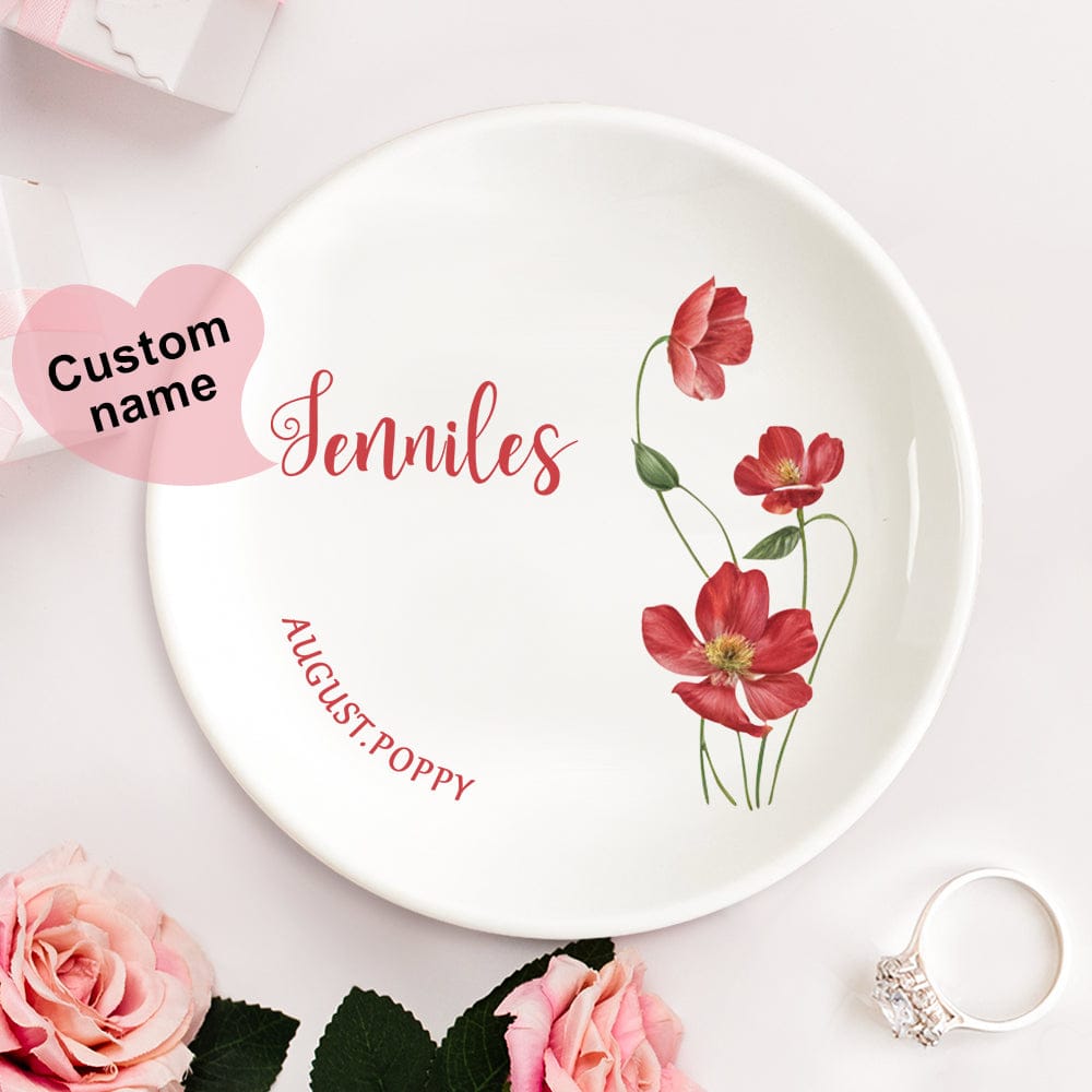 Personalized Birth Flower Floral Ring Jewelry Dish Gift for Her