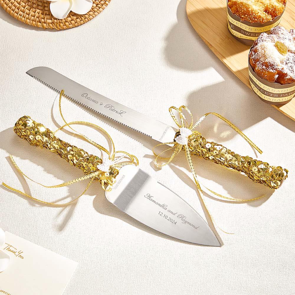 Personalized Champagne Flutes and Cake Server Set for Bride and Groom Wedding Gift