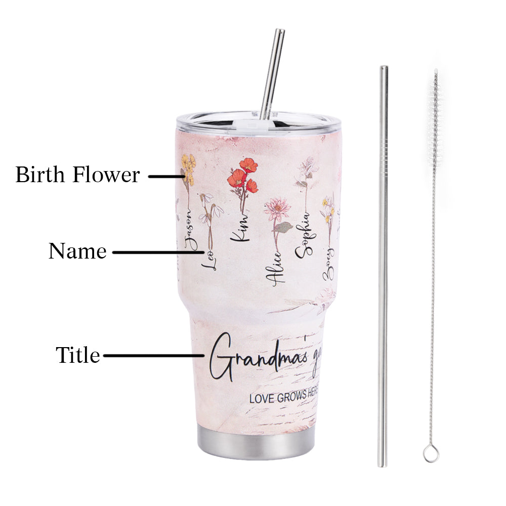 Custom 30oz Insulated Tumbler with Watercolor Birth Flower Name Text – Perfect Birthday Gift for Mom or Grandma