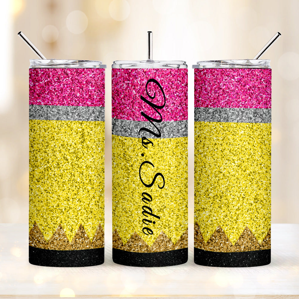 Personalized Glitter Apple 20oz Skinny Tumbler with Straw Back to School Appreciation Gift for Teacher