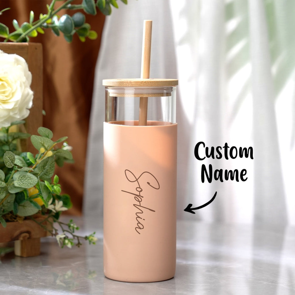 Personalized Name 17oz Glass Tumbler Coffee Tumbler with Engraved Wood Lid Silicone Case and Straw Birthday Gift