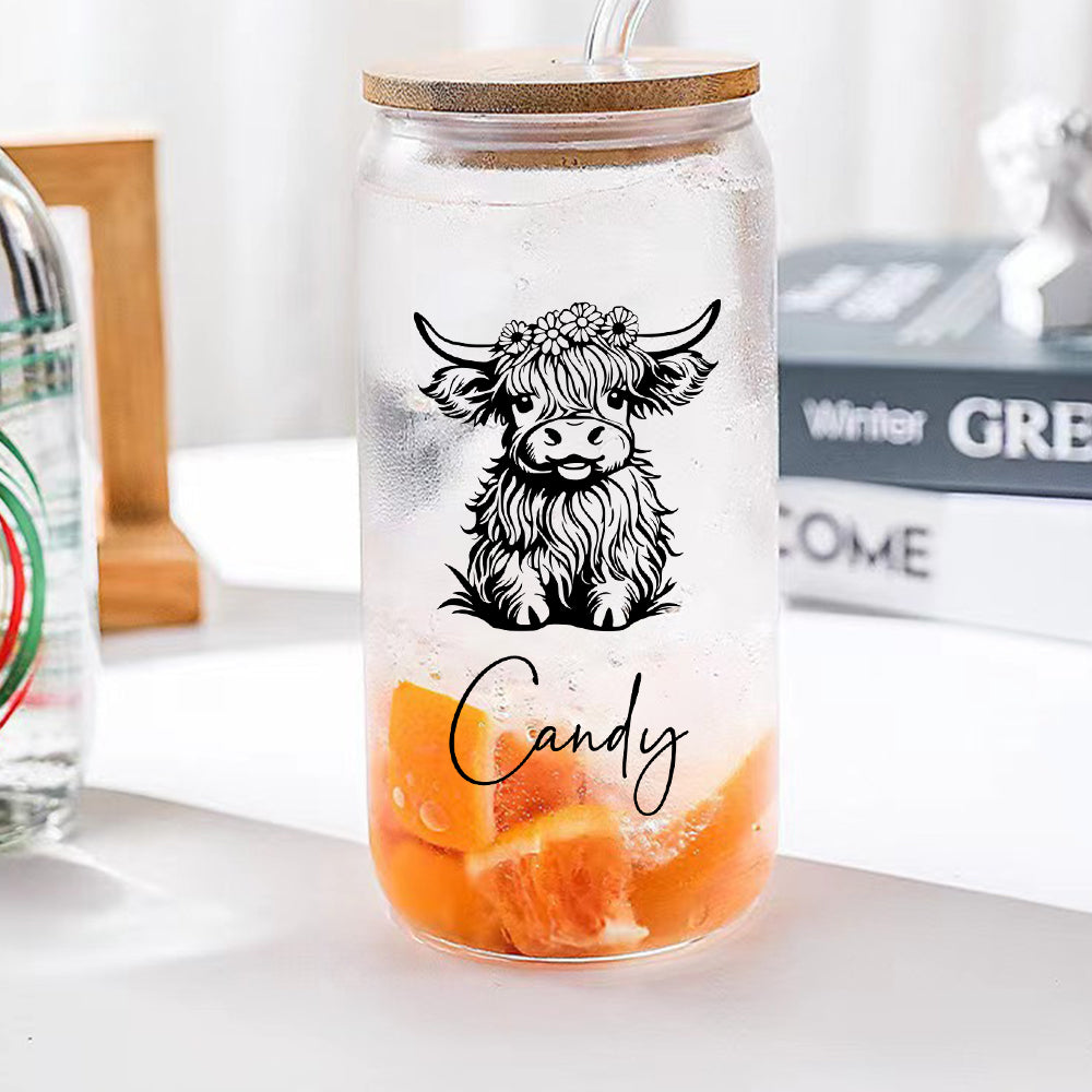 Custom Highland Cow Tumbler with Name Clear Can Glass Gift for Highland Cow Lovers