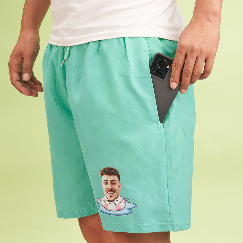 Custom Face Beach Shorts Personalized Swim Ring Green to Blue Gradient Swim Trunks