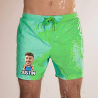 Personalized Beach Shorts Custom Funny Green to Blue Gradient Swimming Trunks with Face And Name