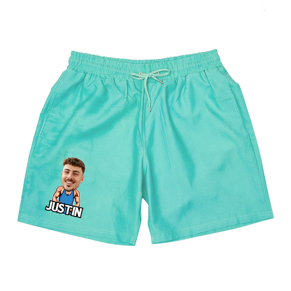 Personalized Beach Shorts Custom Funny Green to Blue Gradient Swimming Trunks with Face And Name