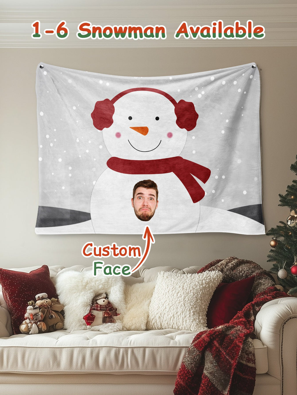 Custom Photo Tapestry – Personalized Faces Snowman Wall Hanging Blanket for Home Decor Christmas Gift