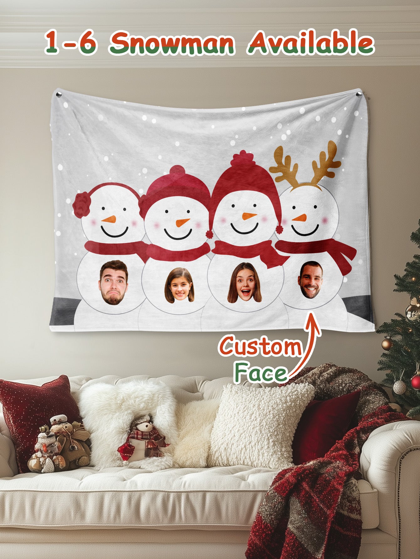 Custom Photo Tapestry – Personalized Faces Snowman Wall Hanging Blanket for Home Decor Christmas Gift